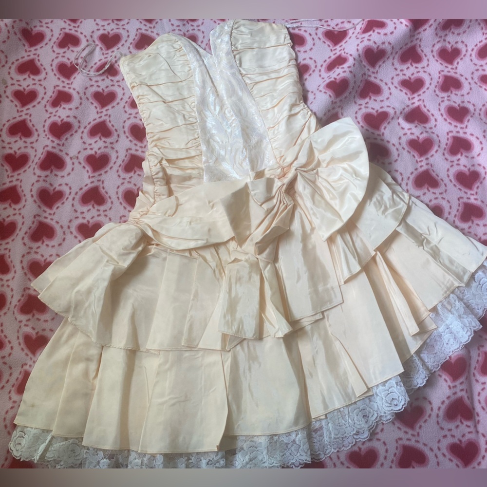vintage zum zum peach cream dress with assymetrical lace hem strapless prom